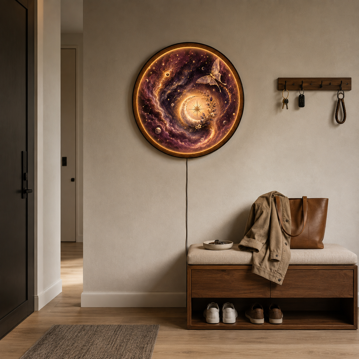 Celestial Moon & Moth LED Wall Art – Mystical Round Decor
