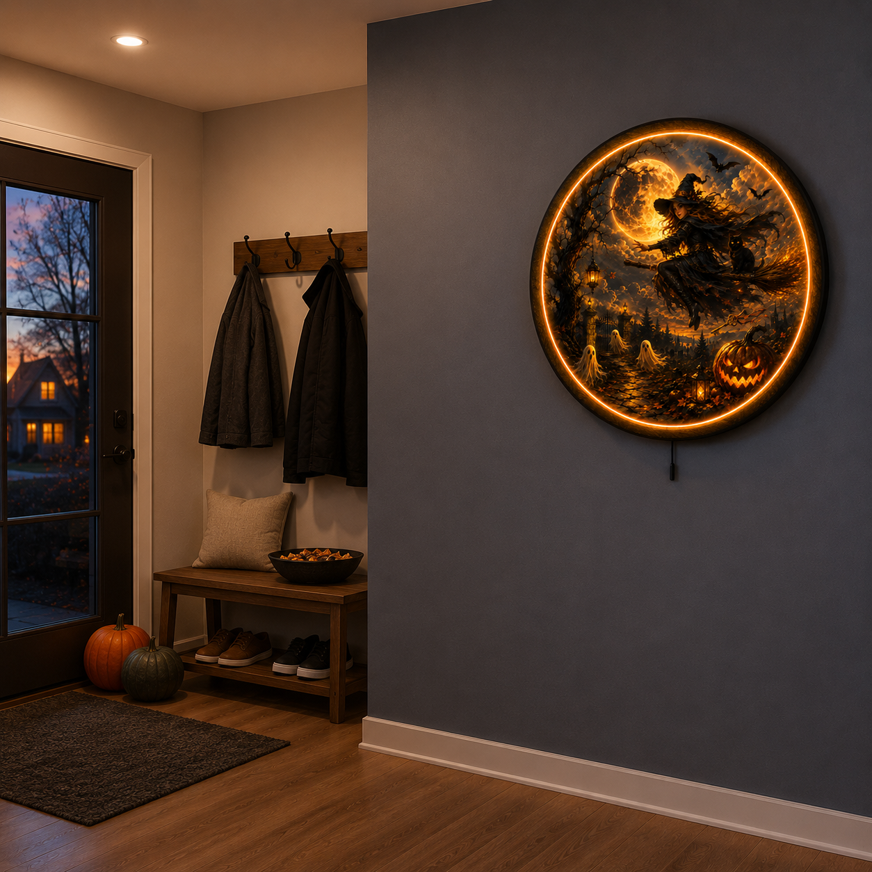 Witching Hour Flight LED Wall Art – Witch, Black Cat & Halloween Decor