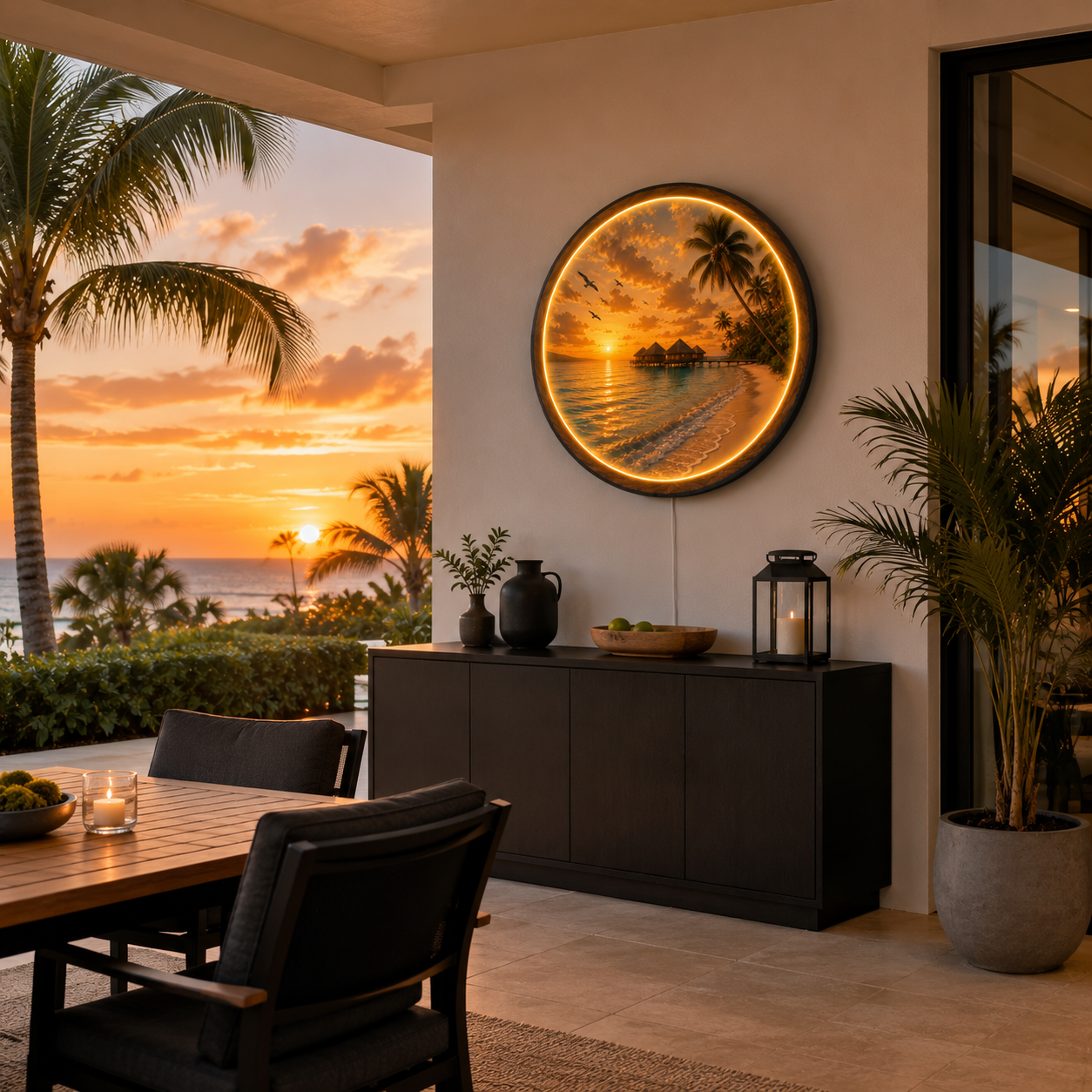 Tropical Sunset Lagoon LED Wall Art – Coastal Beach Light Decor