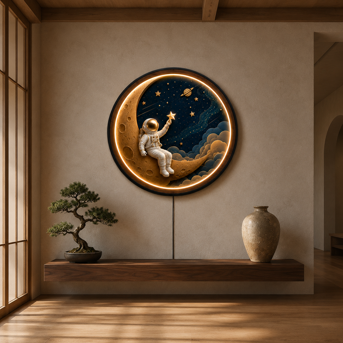 Dream Explorer LED Wall Art | Astronaut on Crescent Moon Round Illuminated Wall Decor | Warm LED Ambient Light