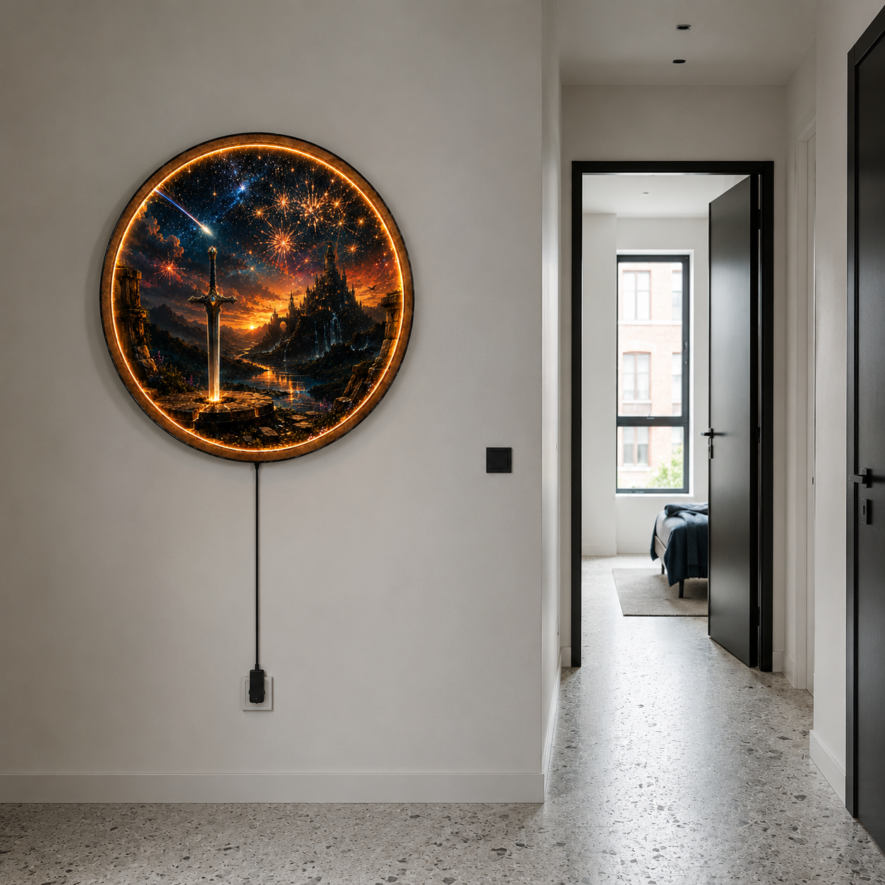 Starlit Oathblade LED Wall Art – Fantasy Castle & Sword Decor