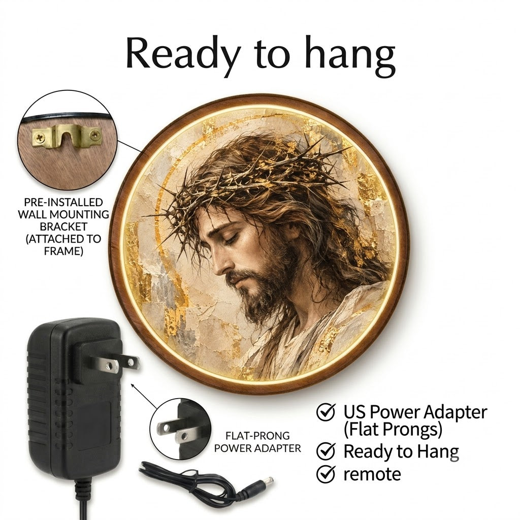 Handcrafted Jesus Christ LED Wall Art – Crown of Thorns Portrait, Gold Christian Religious