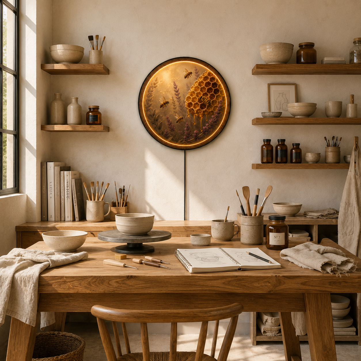 Honeycomb & Bees LED Wall Art – Warm Glow Round Acrylic Wall Decor