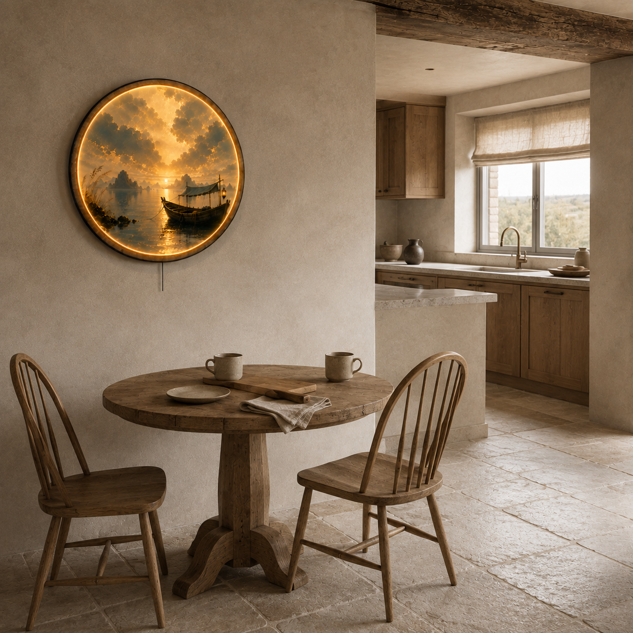 Golden Harbor Boat LED Wall Art – Round Sunset Lake Decor