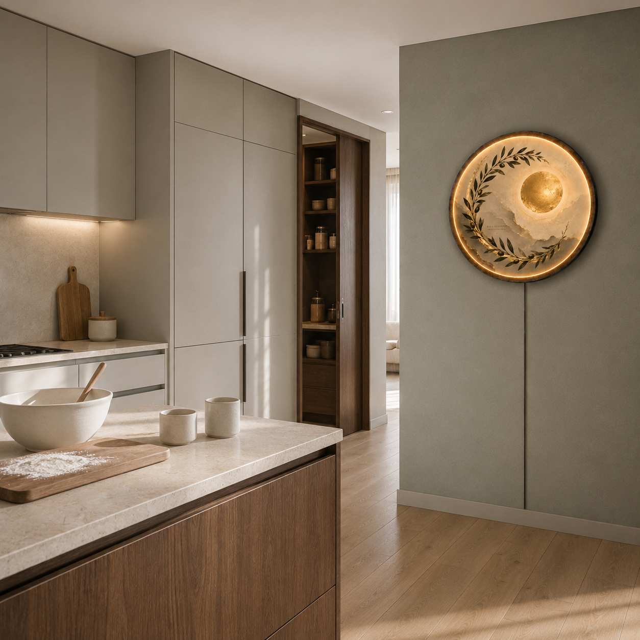 Golden Olive Moon LED Wall Art – Mediterranean Botanical Decor