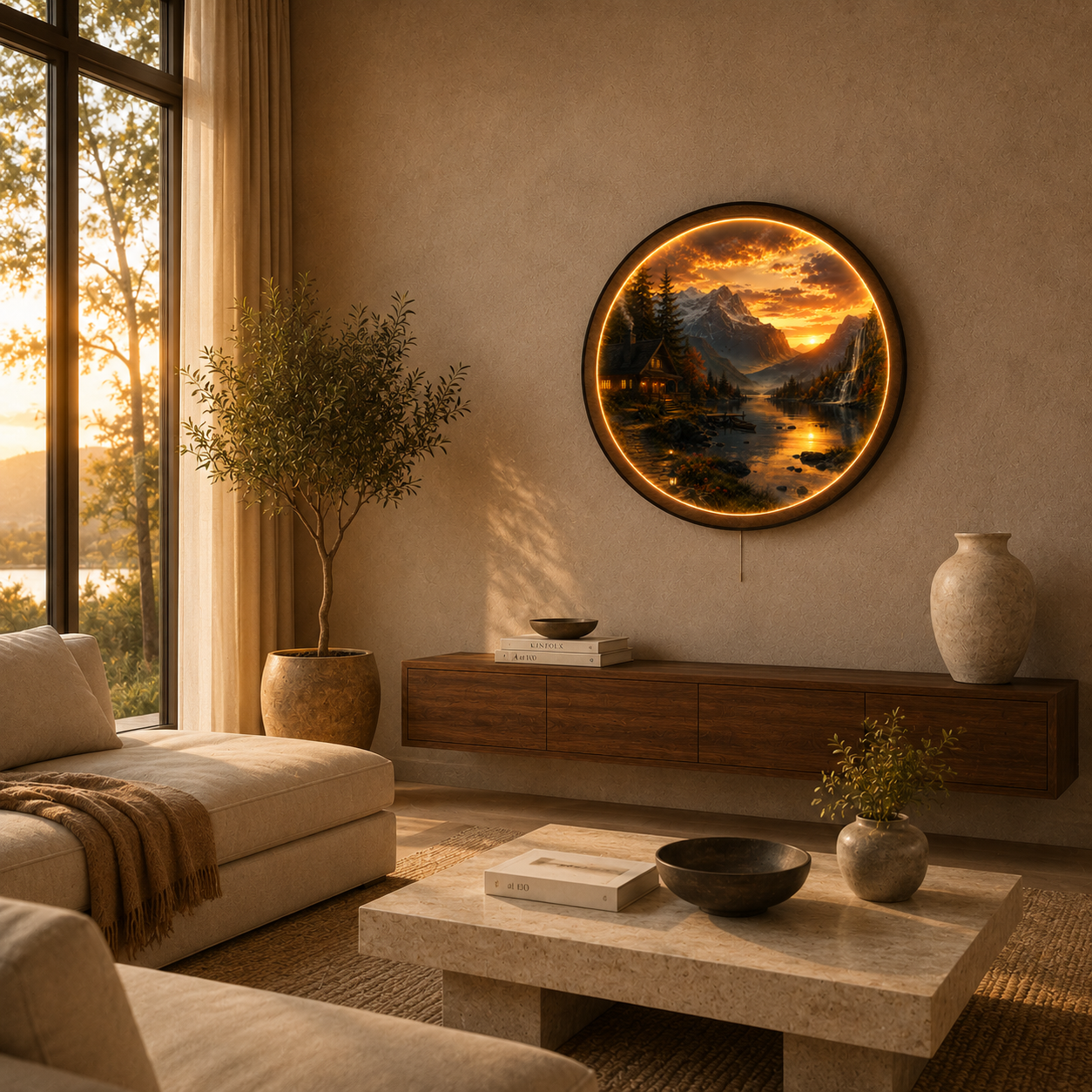 Mountain Cabin LED Wall Art – Sunset Lake Landscape Wall Decor