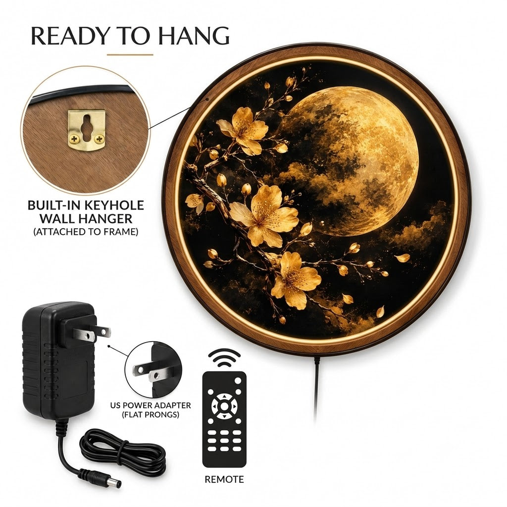 Handcrafted Golden Moon LED Wall Art – Gold Cherry Blossoms, Black & Gold