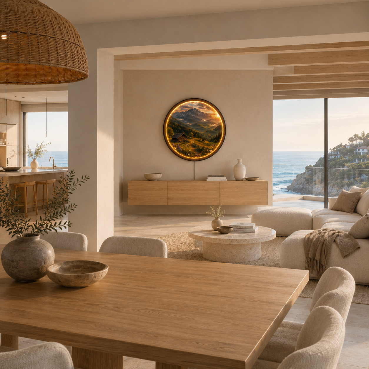 Mountain Cabin Landscape with Warm LED Light