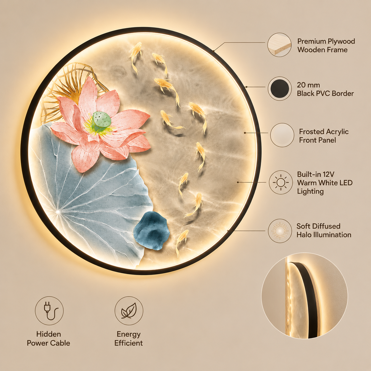 Round LED Wall Art – Lotus & Koi Fish Illuminated Canvas, New Chinese Style Backlit Wall Decor