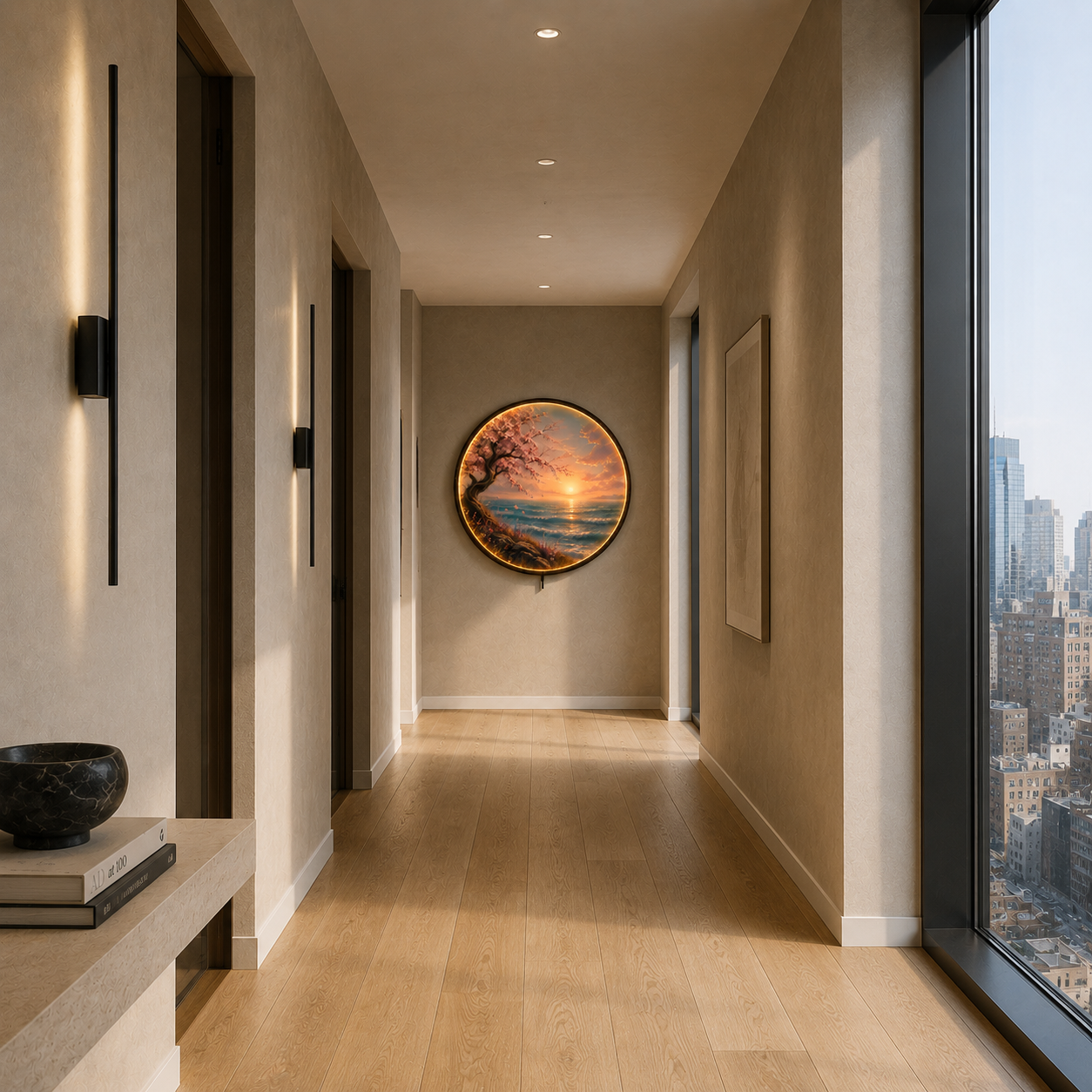 Cherry Blossom Coastal Sunset LED Wall Art – Round Illuminated Acrylic Decor