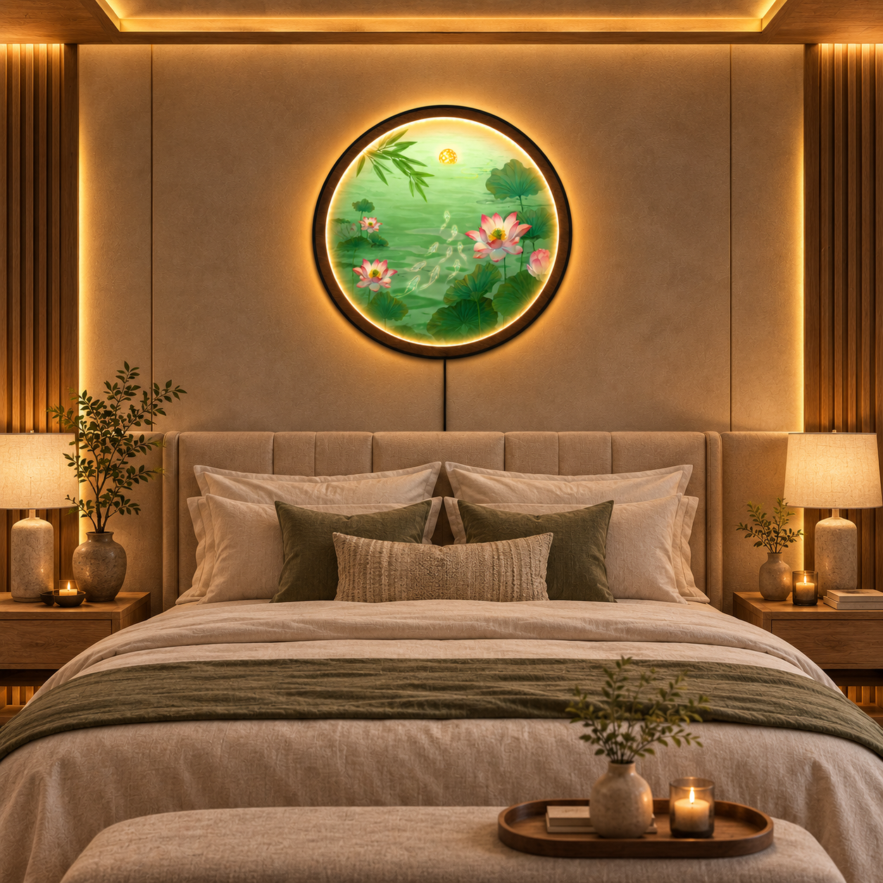 Pink Lotus Pond LED Wall Art - Koi Fish & Moon Round Wall Decor with Backlight
