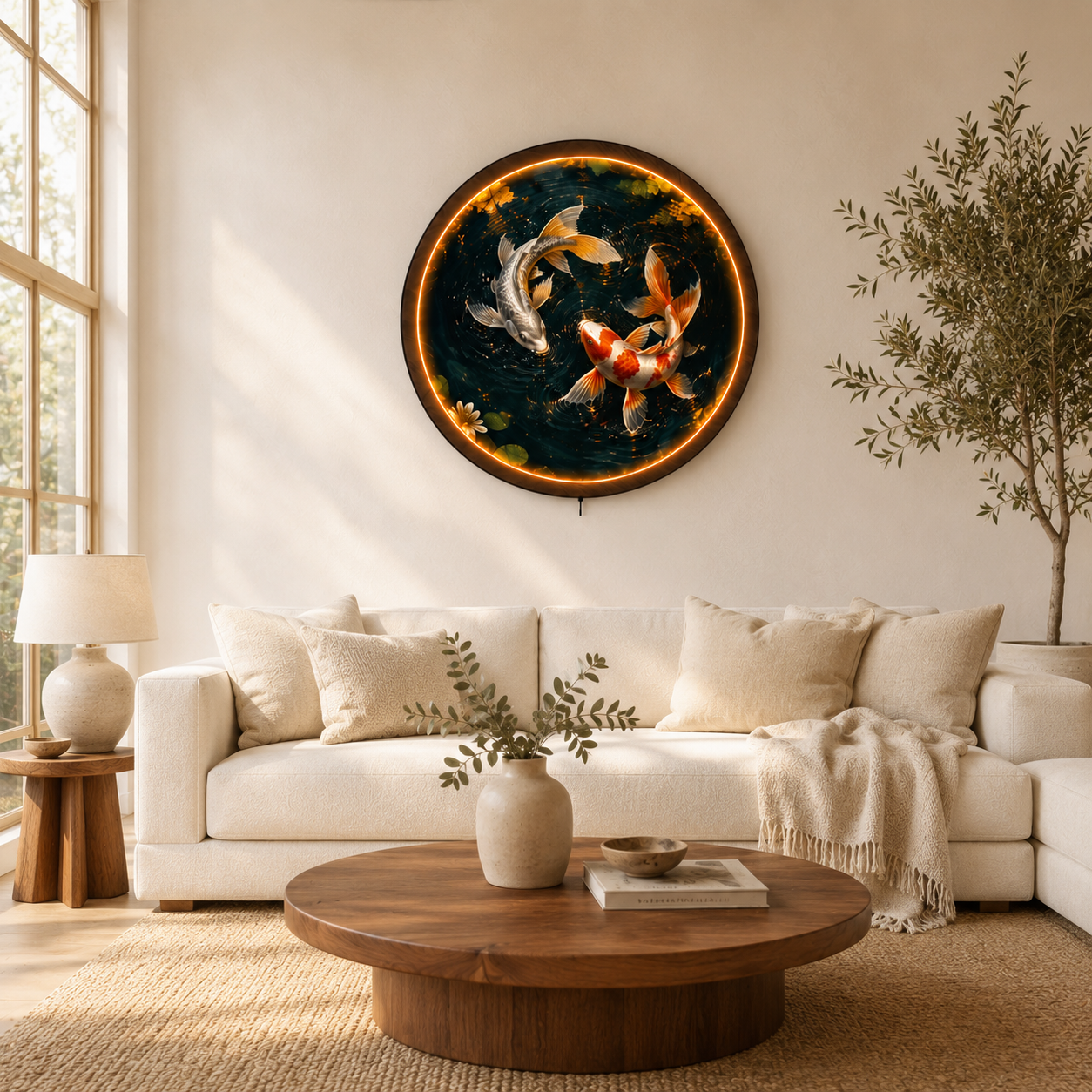 Yin Yang Koi Fish LED Wall Art | Round Illuminated Zen Wall Decor with Remote | Warm Ambient Light