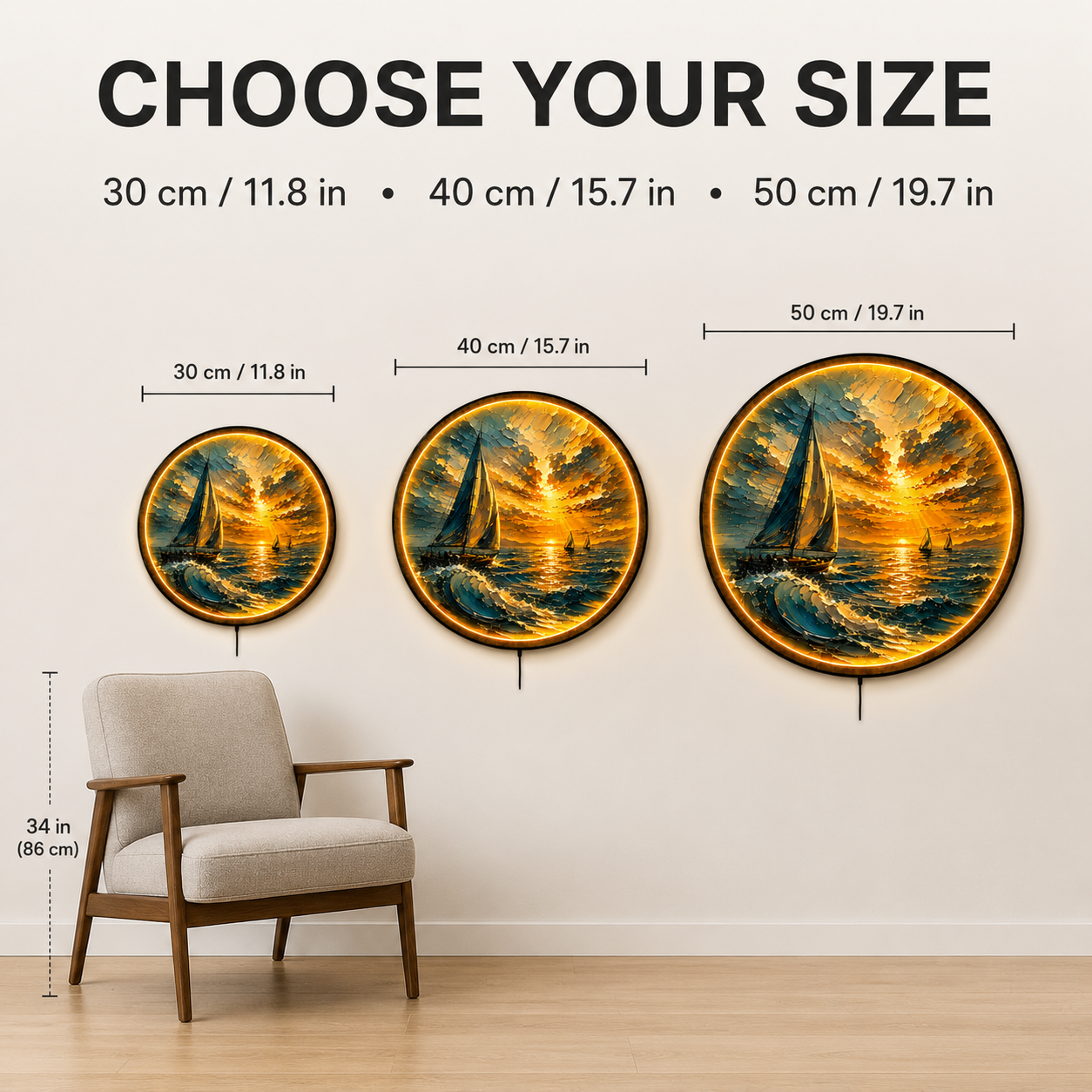 Sunward Sailing LED Wall Art – Golden Ocean Sunset Decor