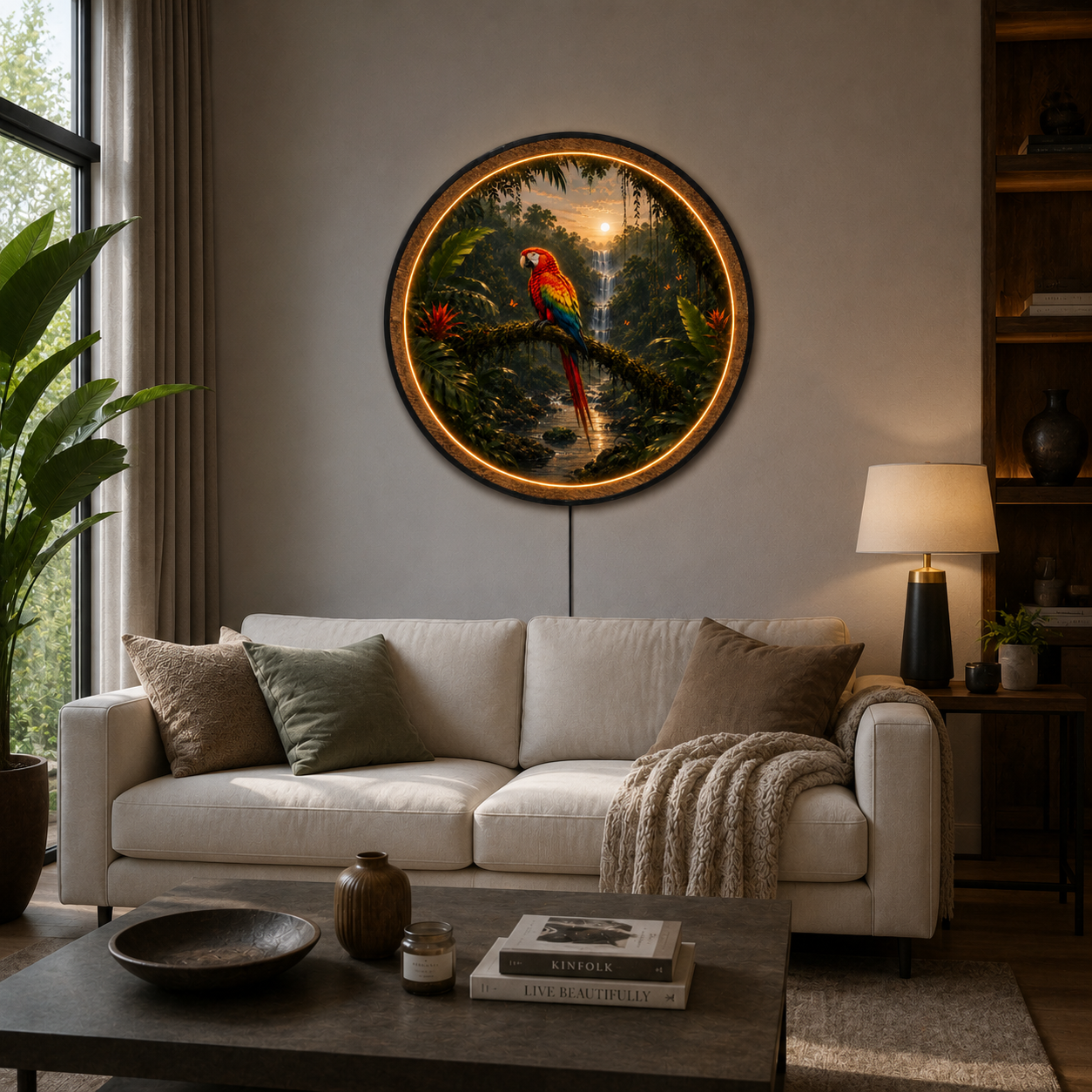 Tropical Macaw LED Wall Art – Rainforest Waterfall Lighted Decor