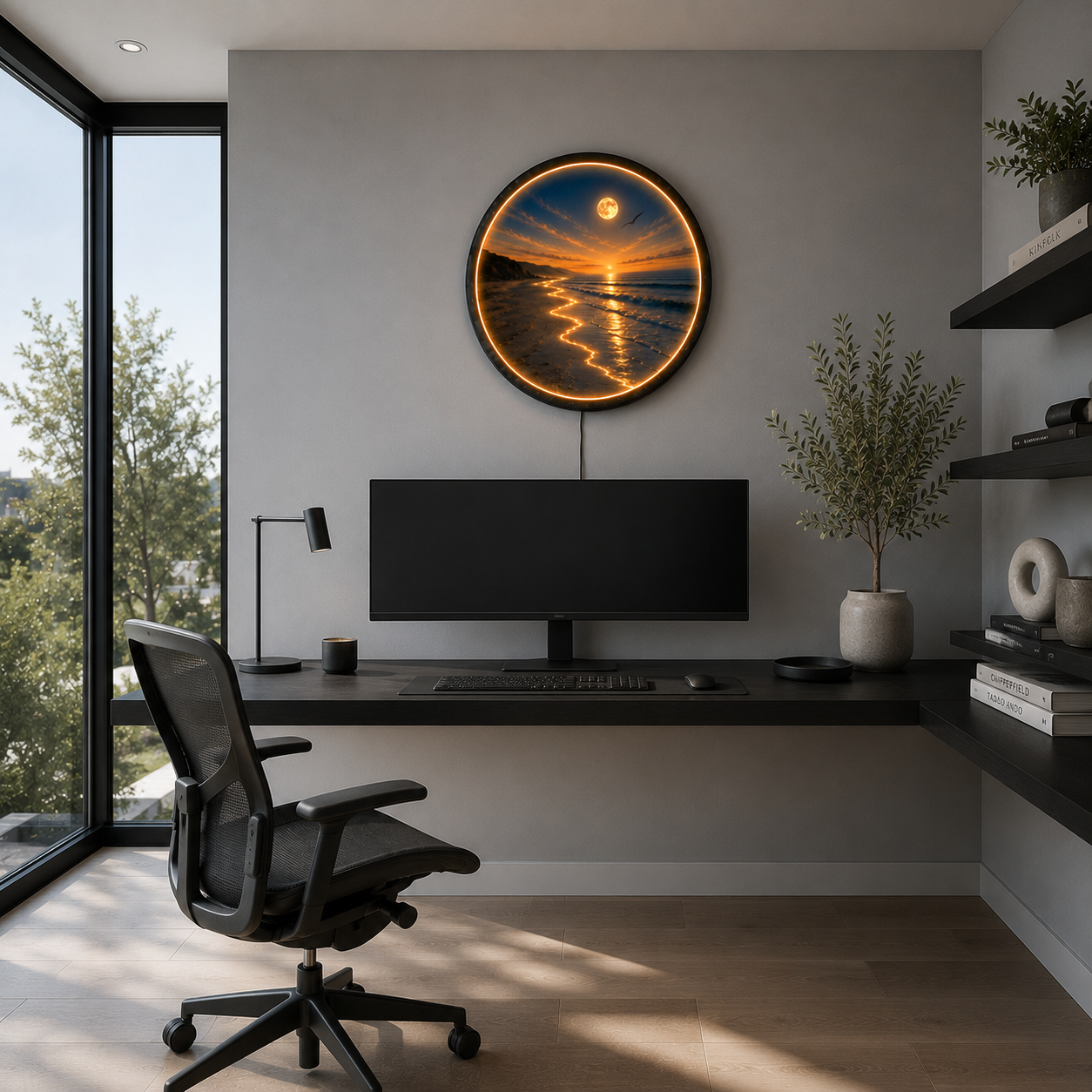 Moonlit Coastal Serenity LED Wall Art – Round Wooden Ocean Light Decor