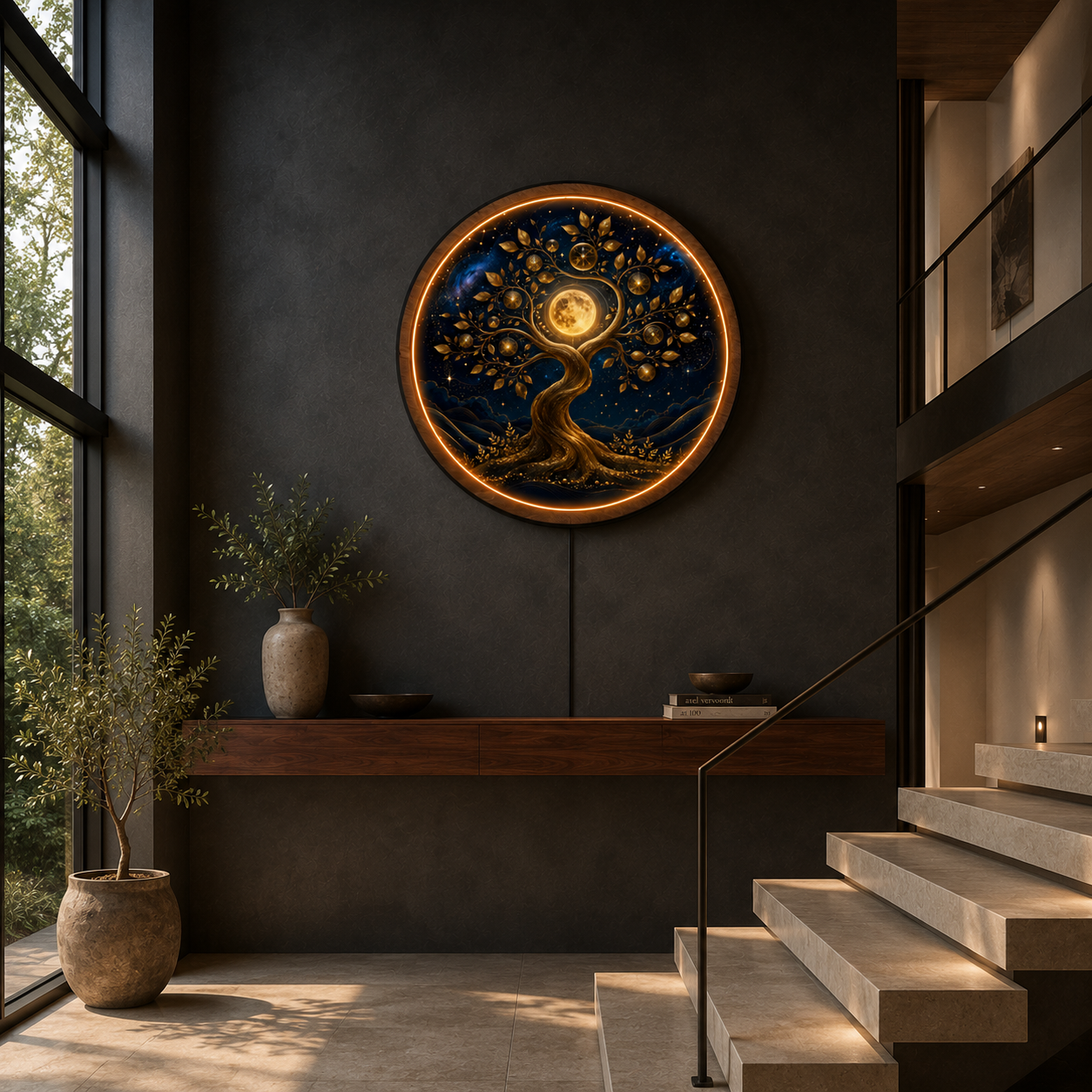 Tree of Life Moon Round LED Wall Art | Illuminated Acrylic Wall Decor with Wooden Frame