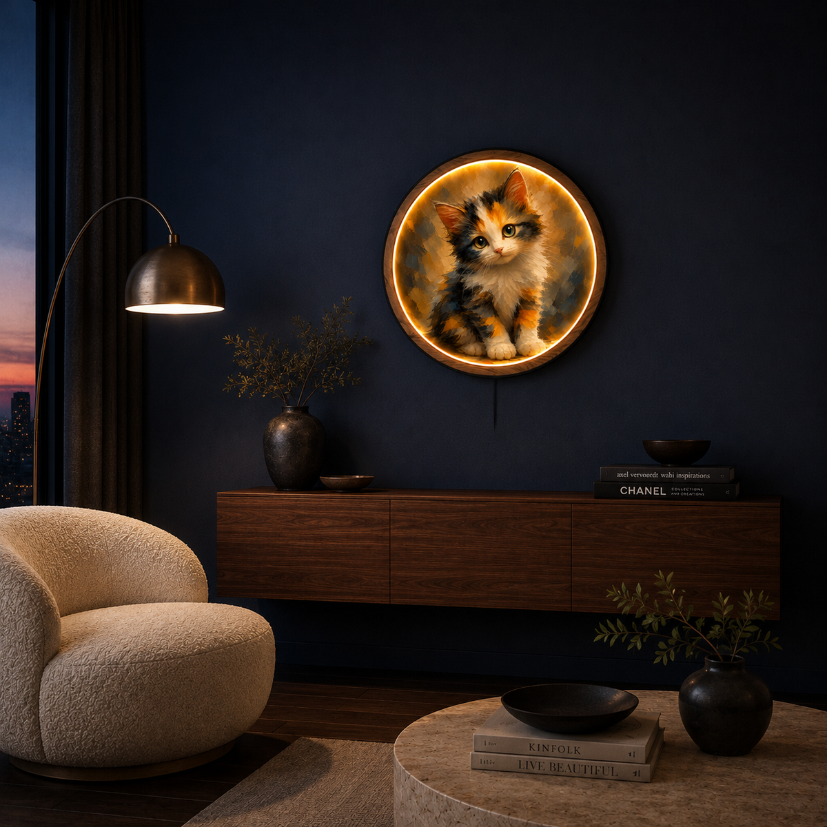 Cute Calico Kitten LED Wall Art Light – Round Acrylic Decor with Wooden Frame