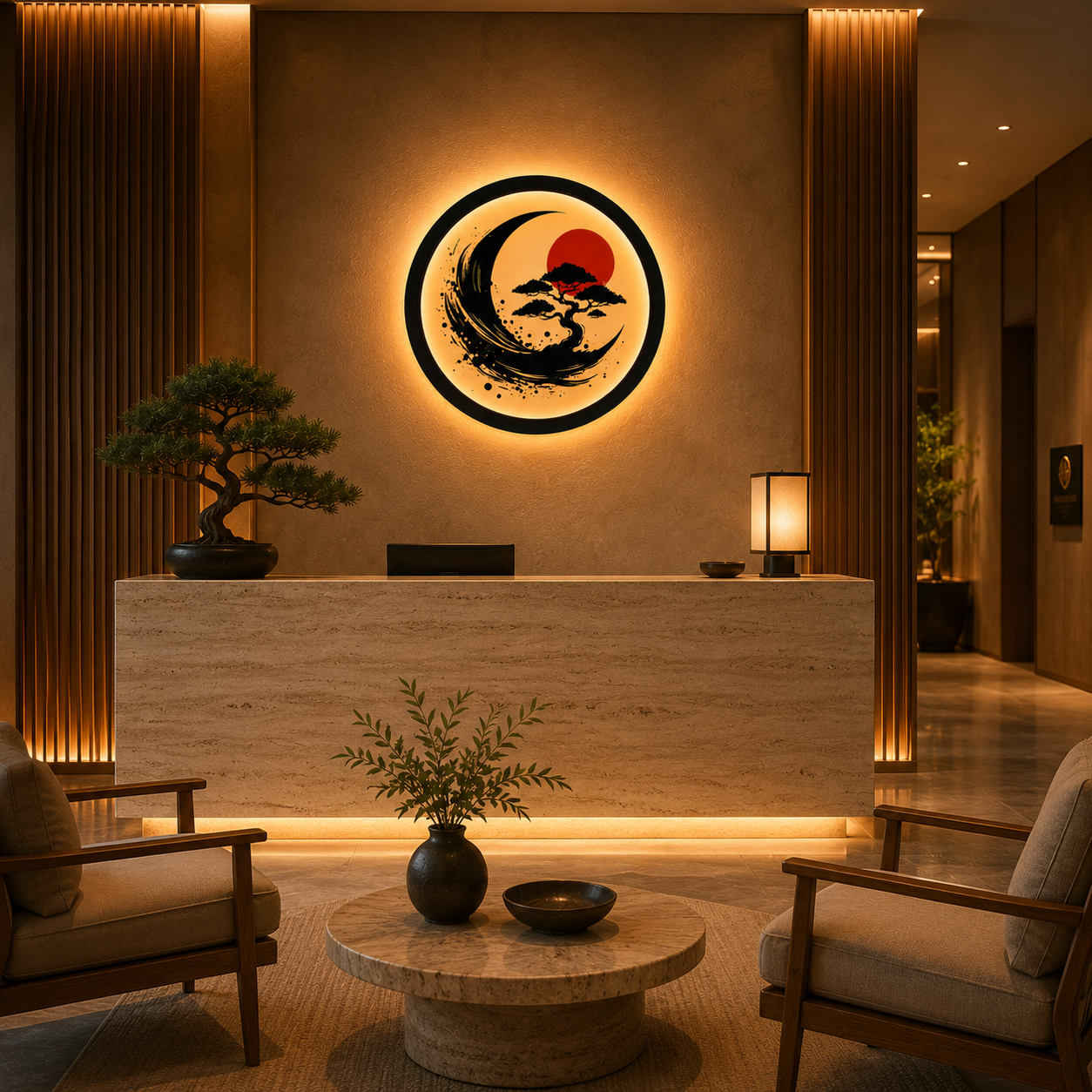 Wood Carved Japanese Bonsai Moon LED Wall Lamp | Zen Sumi-e Style Night Light