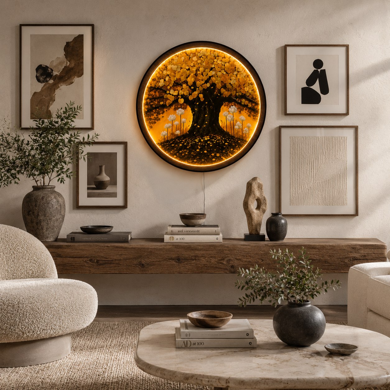 Golden Tree of Life LED Wall Art - Round Wooden Wall Decor with Lotus Flowers & Backlit LED