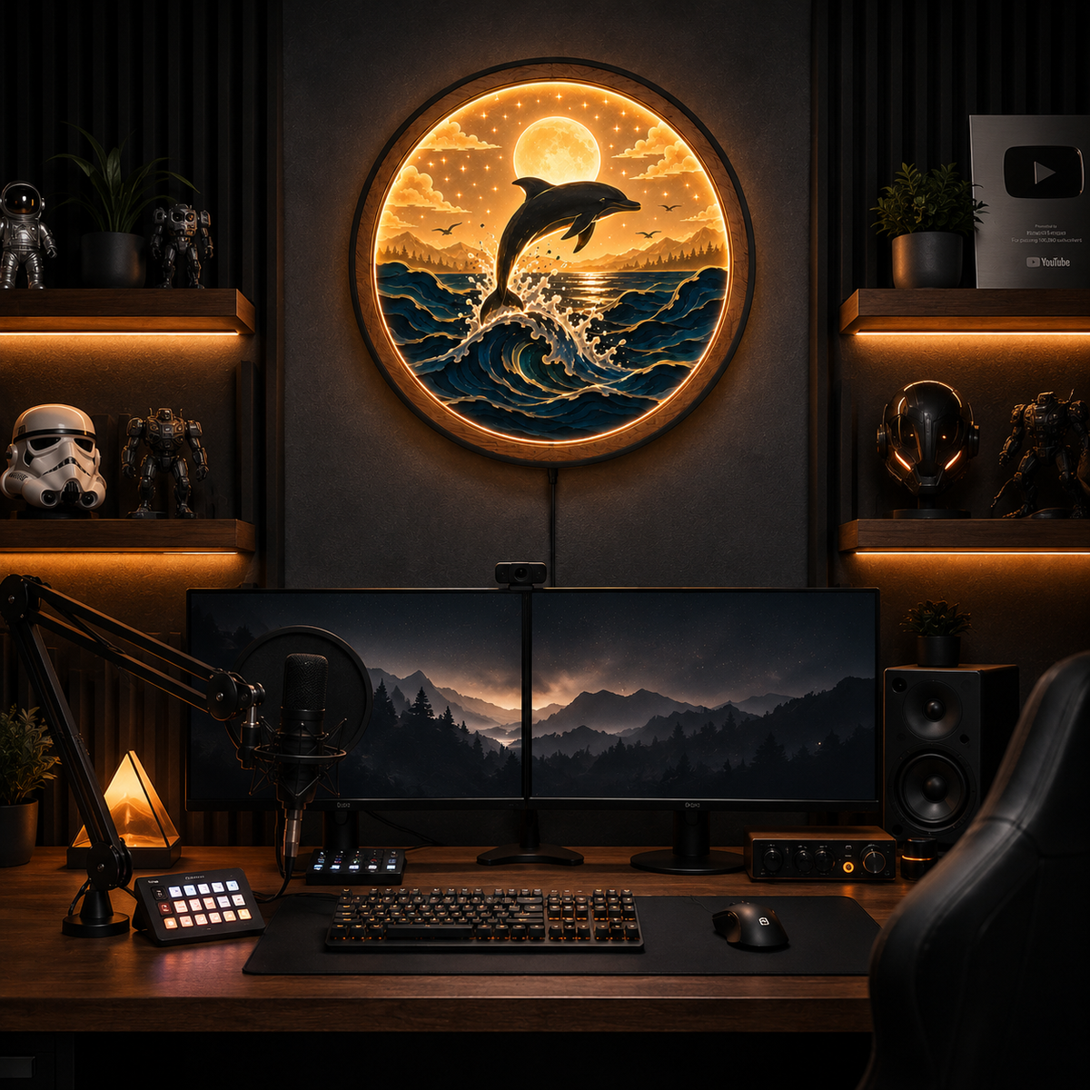 Wood Carved Dolphin Ocean Wave LED Wall Lamp | Handmade Night Light Wall Art
