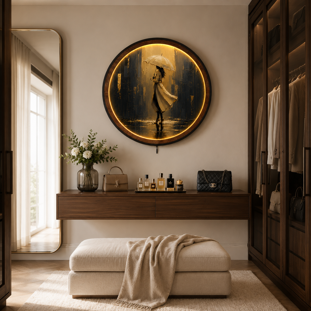 Golden Rain Elegance LED Wall Art | Round Illuminated Woman with Umbrella Wall Decor | Warm Ambient Light