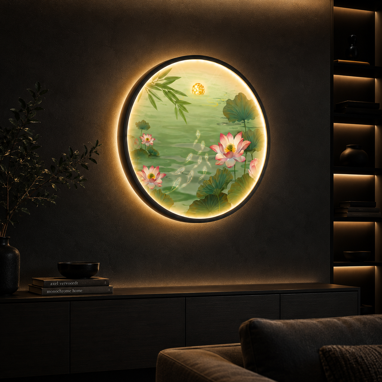 Pink Lotus Pond LED Wall Art - Koi Fish & Moon Round Wall Decor with Backlight