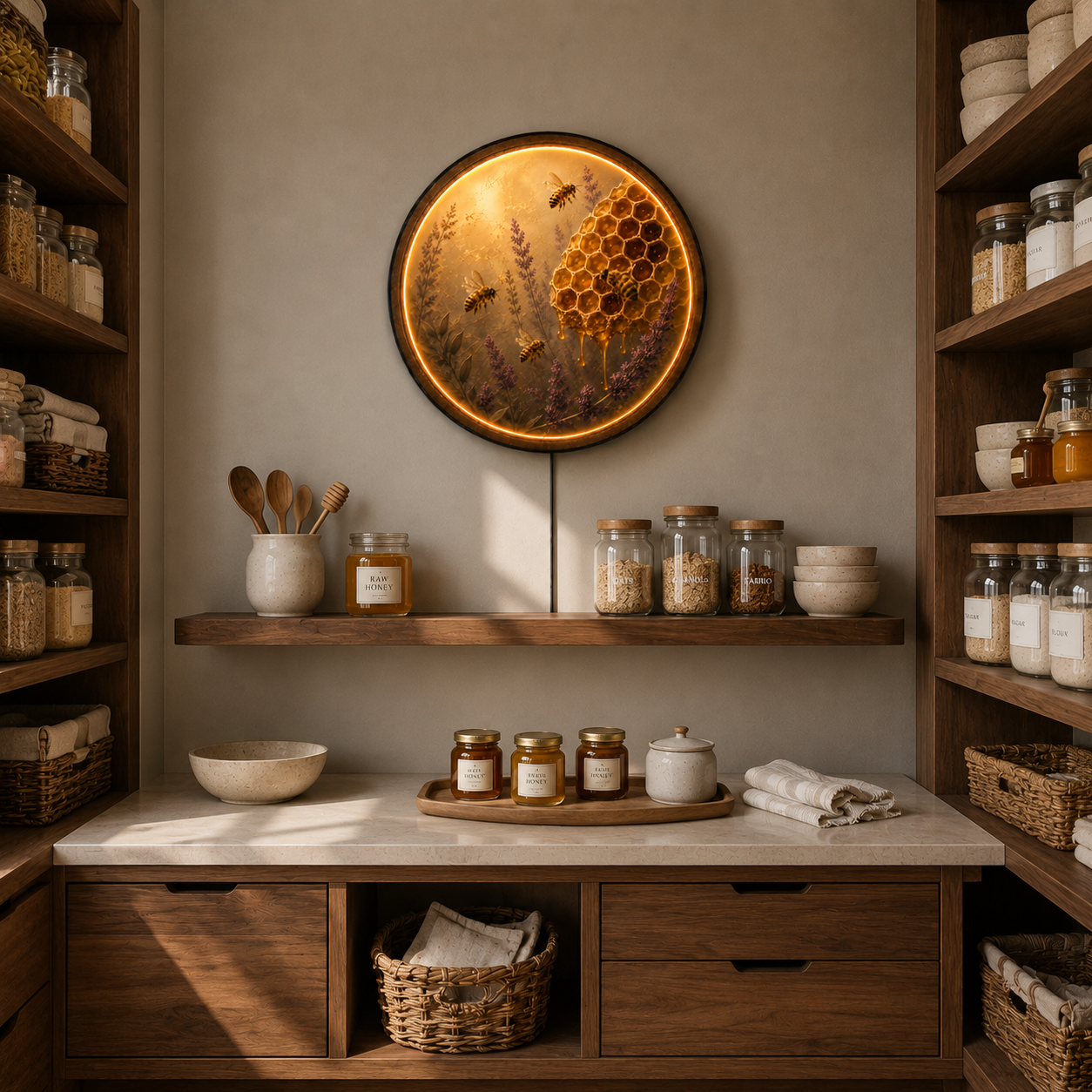 Honeycomb & Bees LED Wall Art – Warm Glow Round Acrylic Wall Decor