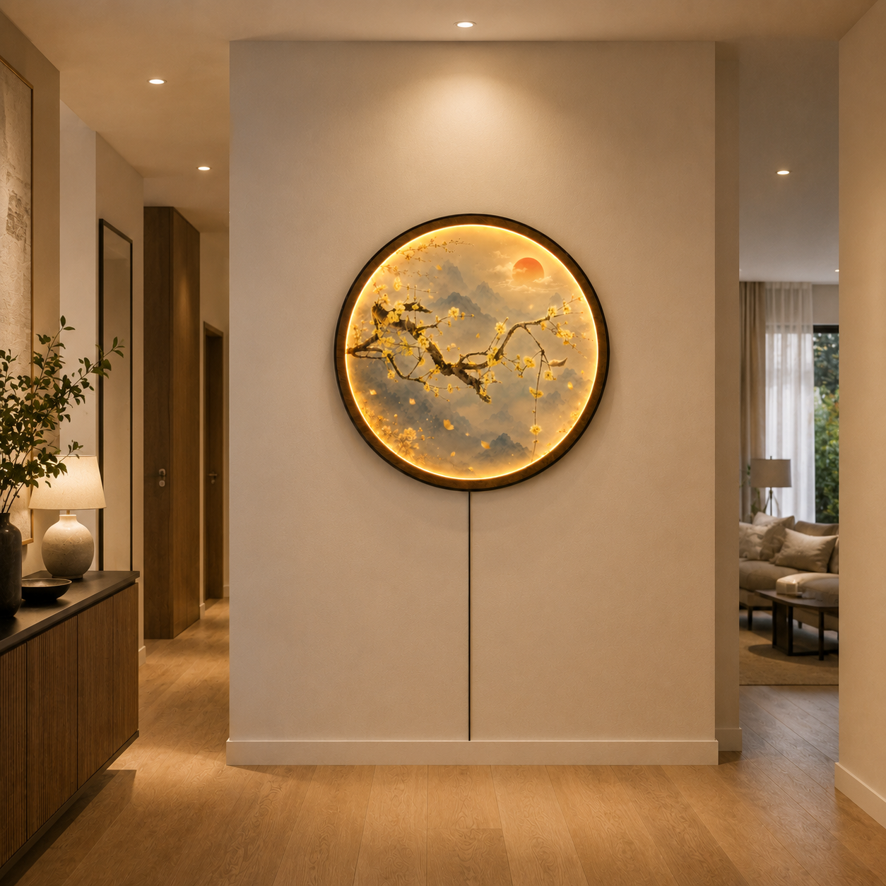 Golden Plum Blossom Mountain LED Wall Art – Round Illuminated Nature Decor