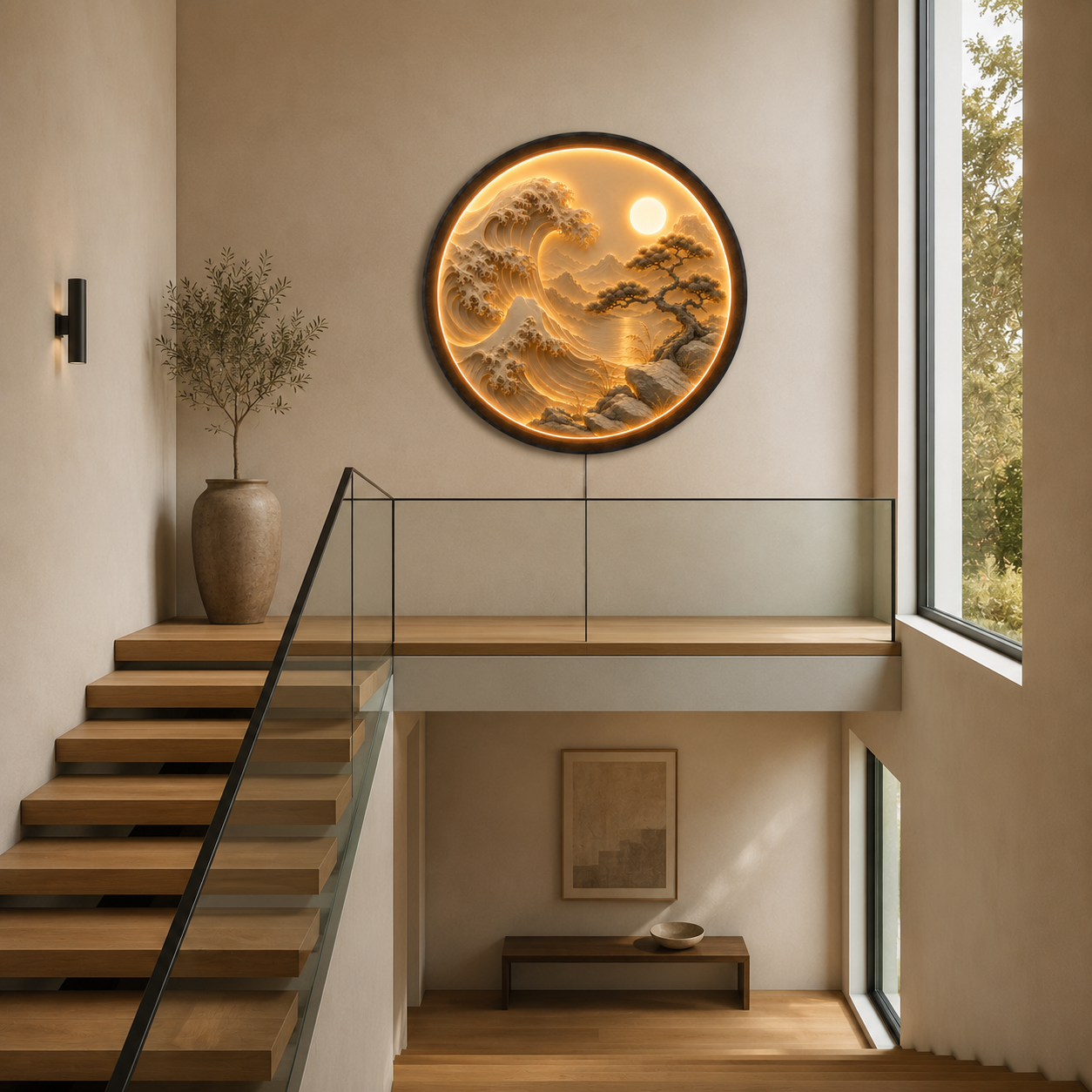 Japanese Wave & Bonsai LED Wall Art – Round Illuminated Acrylic Decor