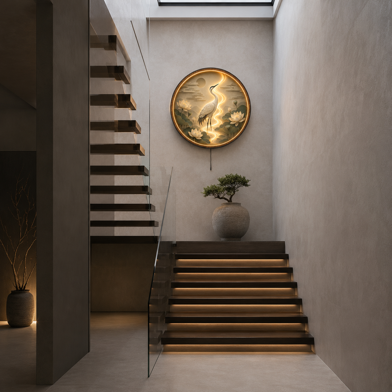 Lotus Serenity Crane LED Wall Art – Round Zen Wooden Light Decor