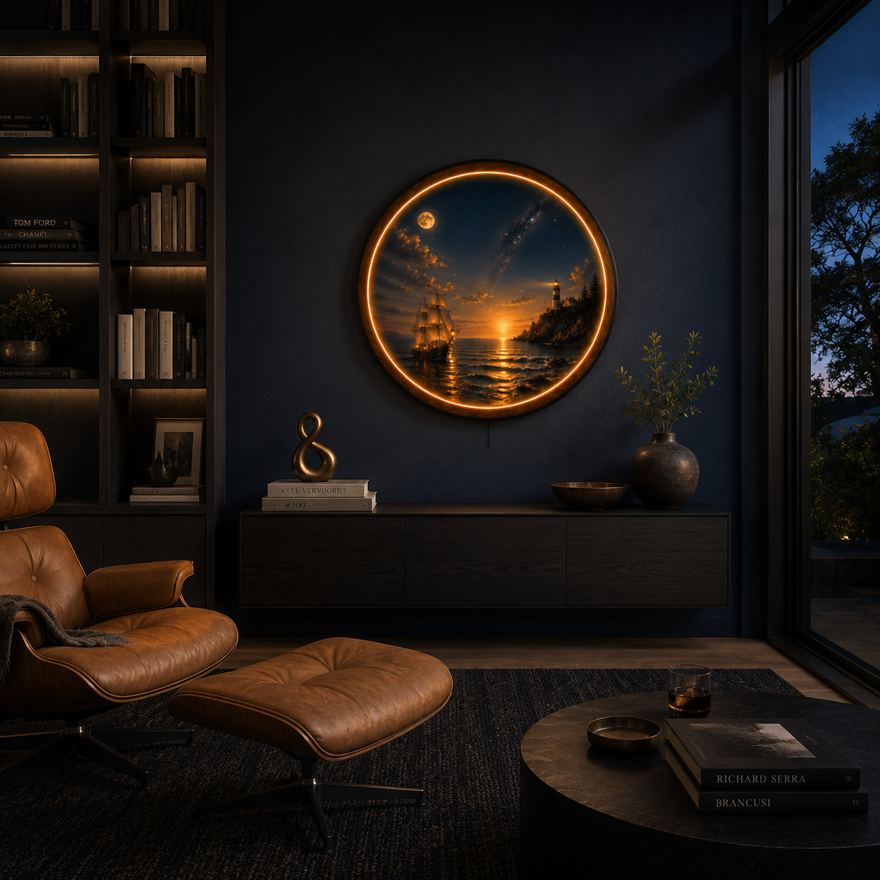 Celestial Lighthouse Voyage LED Wall Art – Nautical Wooden Light Decor