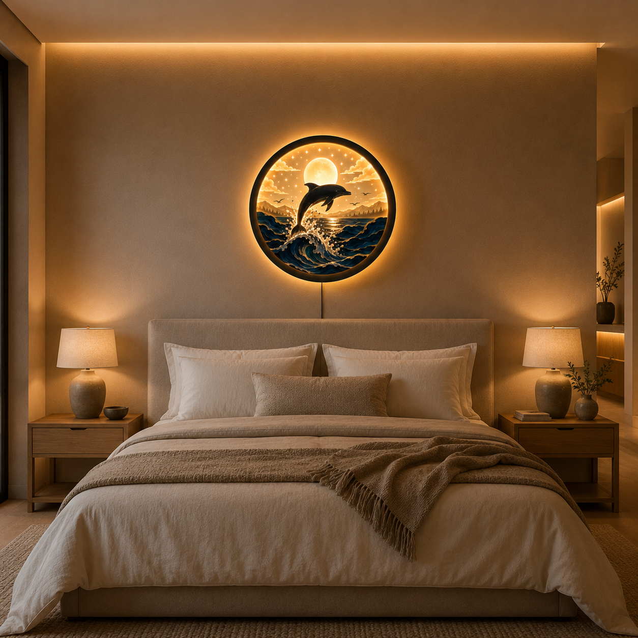 Wood Carved Dolphin Ocean Wave LED Wall Lamp | Handmade Night Light Wall Art