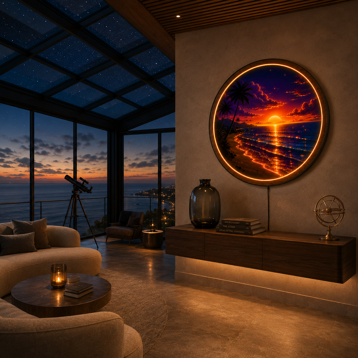 Golden Sunset Round LED Wall Art | Tropical Sunset Acrylic Wall Decor with Wooden Frame