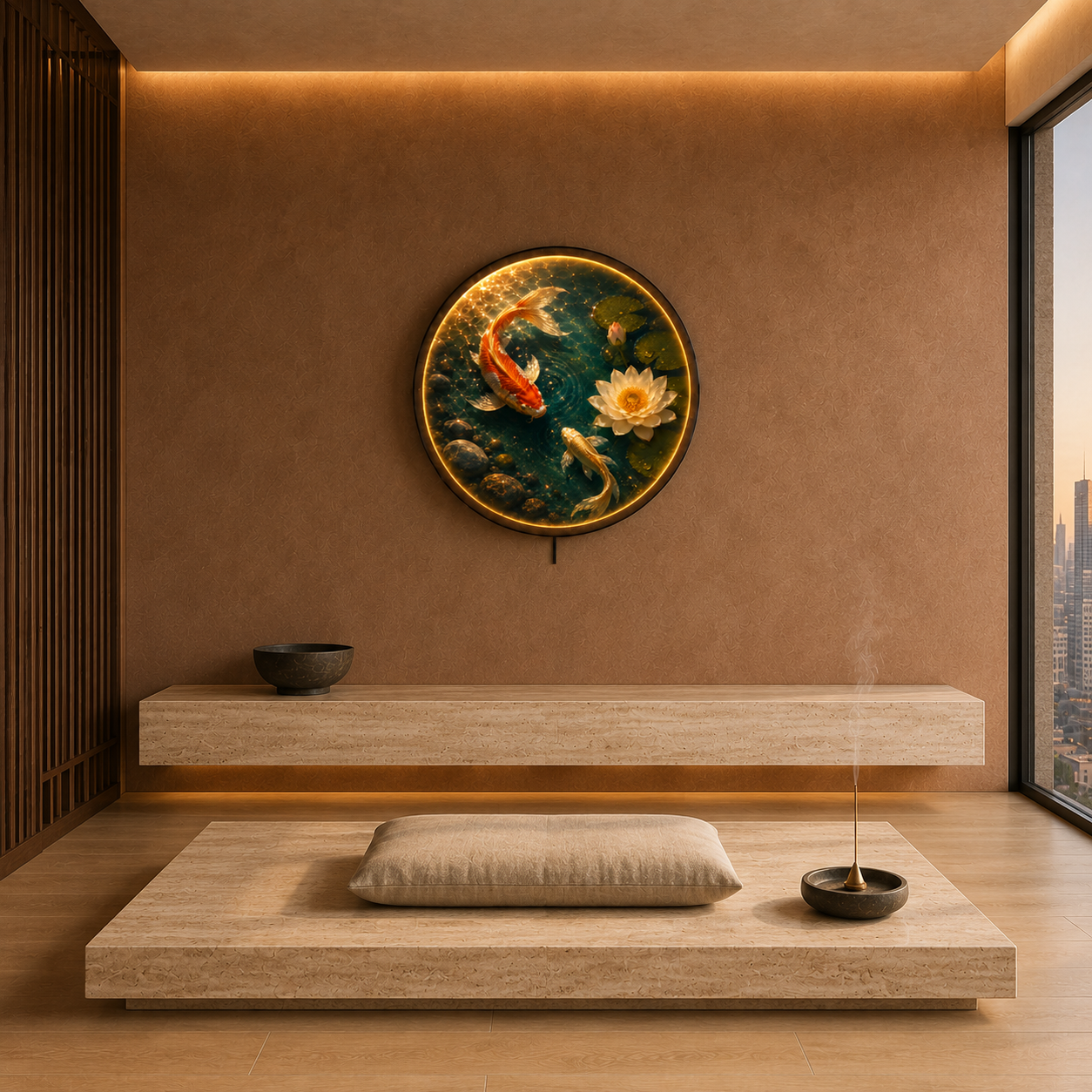 Golden Koi & Lotus LED Wall Art – Illuminated Zen Pond Decor