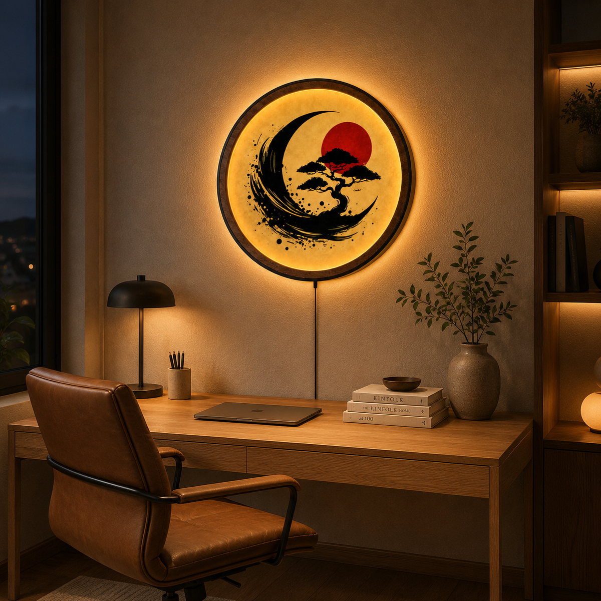 Wood Carved Japanese Bonsai Moon LED Wall Lamp | Zen Sumi-e Style Night Light