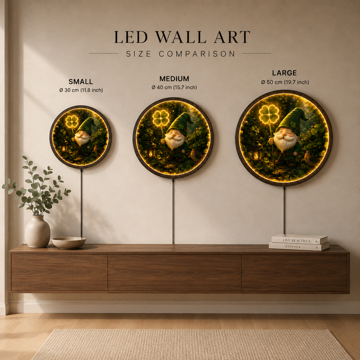 Lucky Gnome Clover LED Wall Art – Round Illuminated Acrylic Decor
