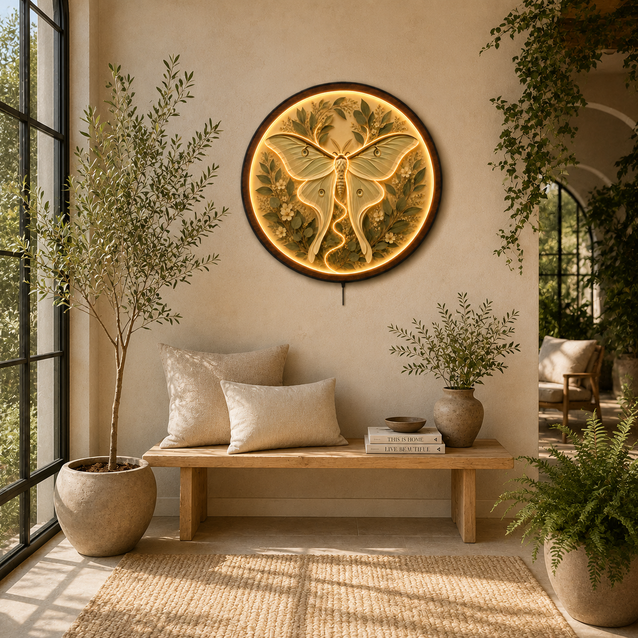 Moonlit Luna Moth LED Wall Art – Round Wooden Botanical Light Decor