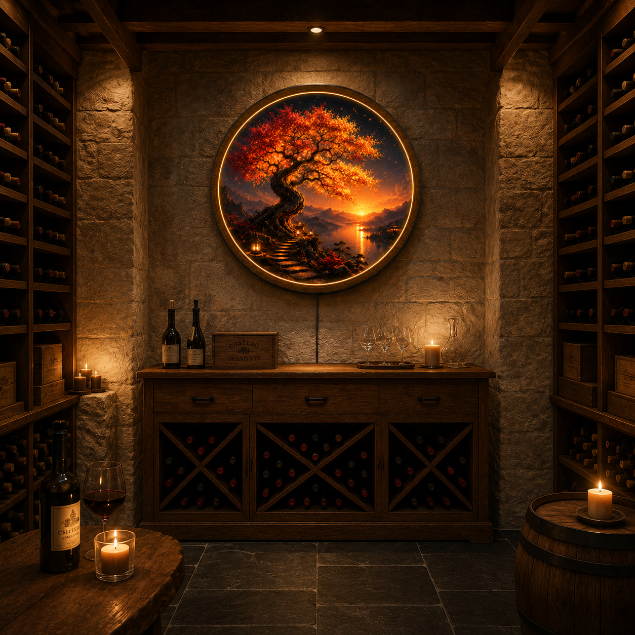Fiery Bonsai Sunset LED Wall Art – Luxury Nature Acrylic Decor