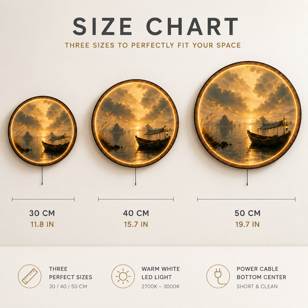 Golden Harbor Boat LED Wall Art – Round Sunset Lake Decor