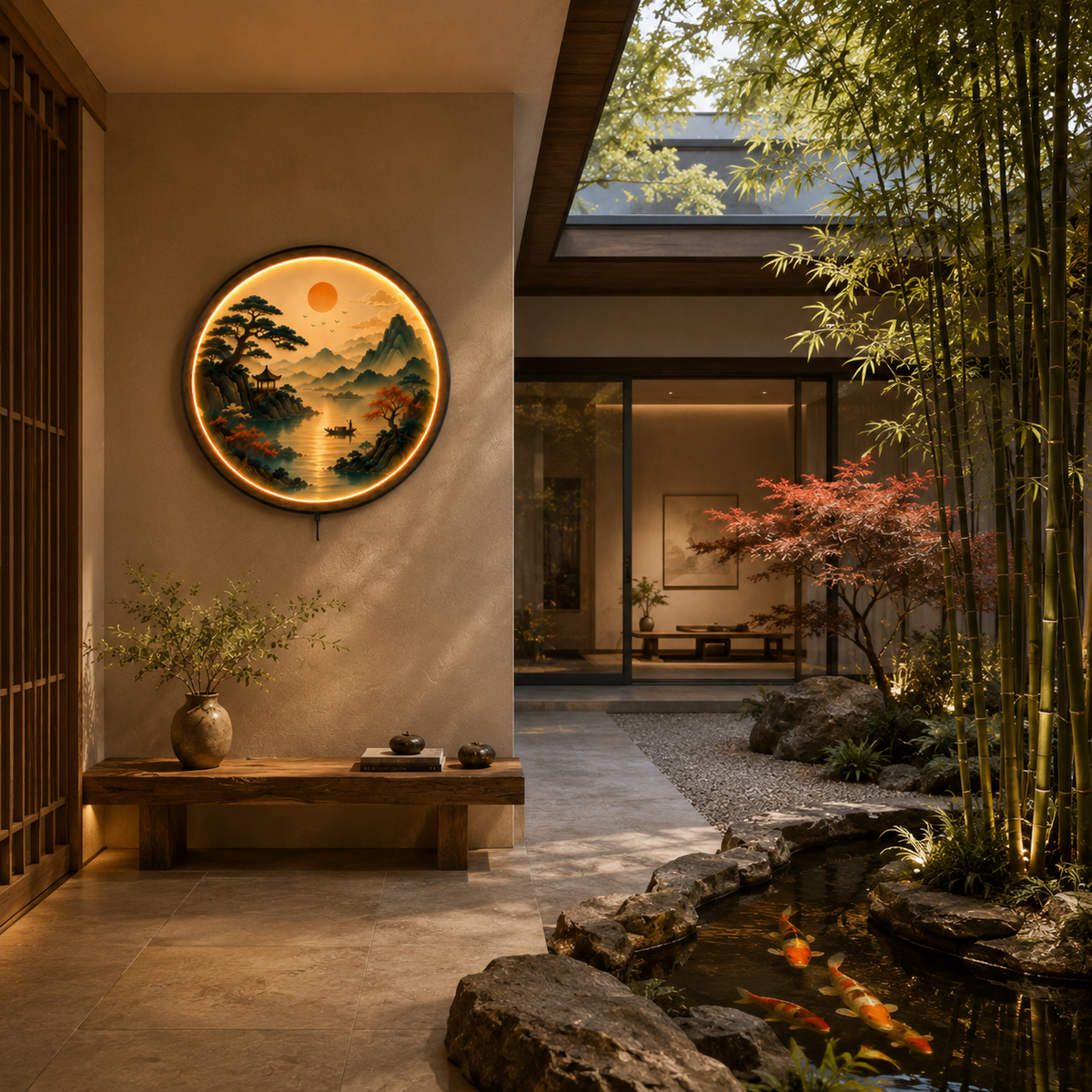 Eastern Serenity LED Wall Art | Tranquil Mountain & Lake Landscape Round Illuminated Wall Decor | Warm LED Ambient Light