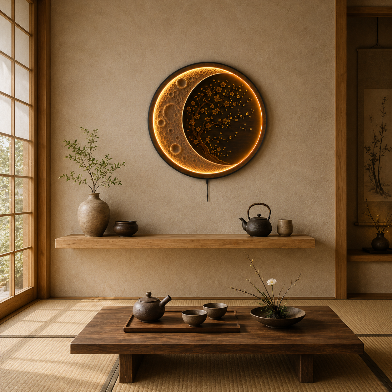Moon Blossom LED Wall Art | Round Illuminated Moon & Cherry Blossom Wall Decor with Remote | Warm Ambient Light