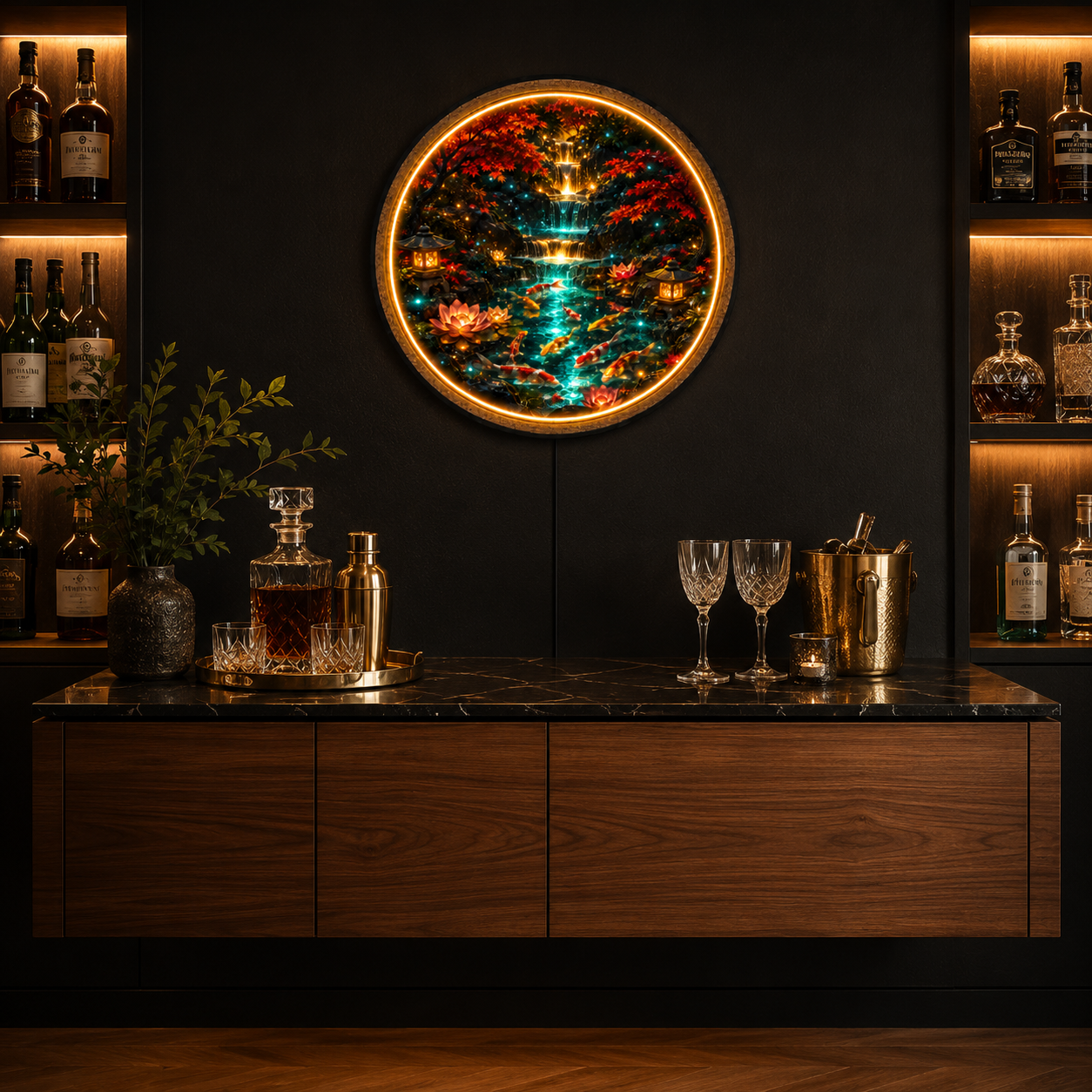Japanese Koi Waterfall LED Wall Art – Illuminated Zen Nature Decor