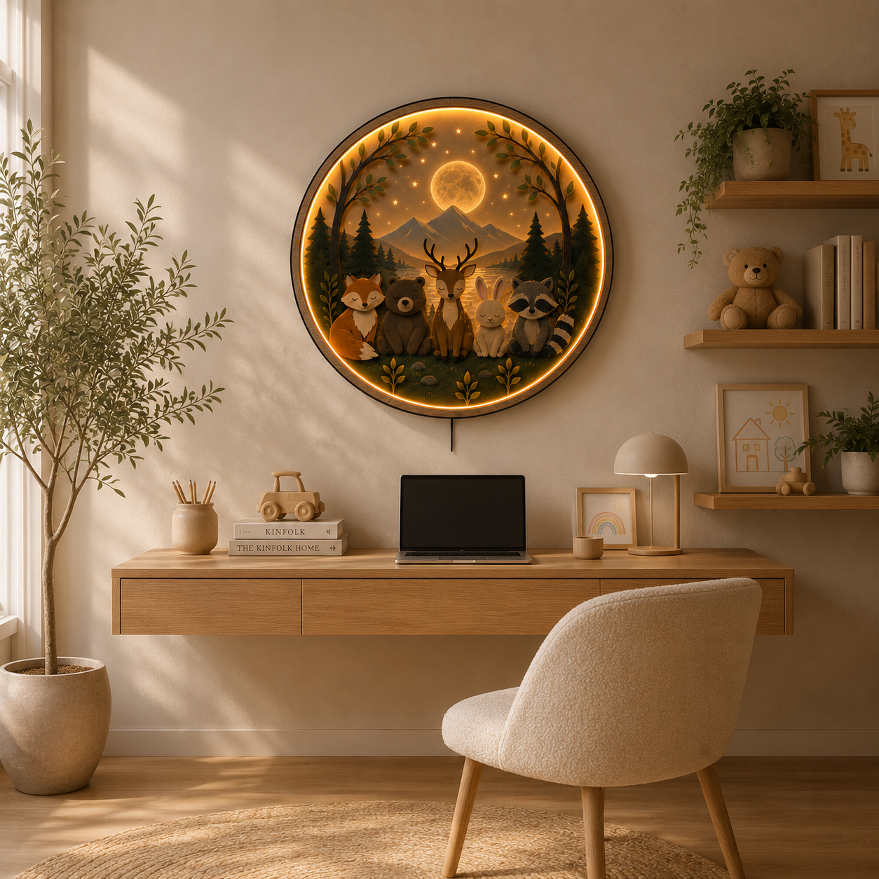 Woodland Friends LED Wall Art Light – Forest Animal Nursery Decor | Round Acrylic Wall Lamp