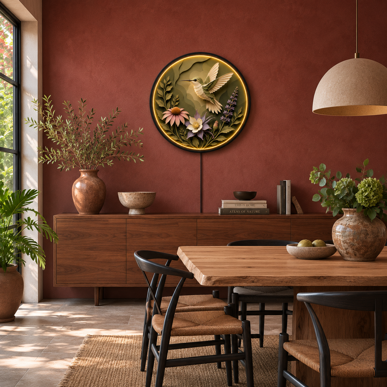 Hummingbird Bloom LED Wall Art – Round Nature Lighted Wall Decor