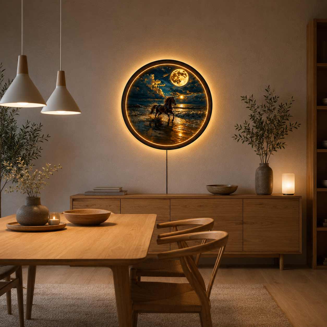 Wood Carved Horse Moonlit Beach LED Wall Lamp | Galloping Horse Night Light Wall Art