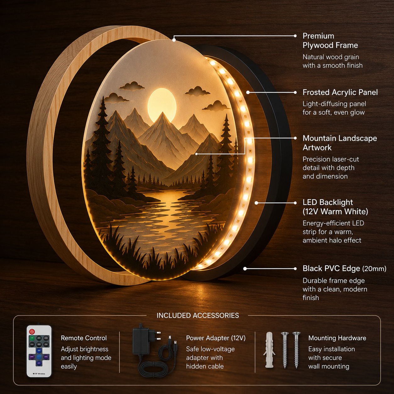 Handcrafted Wood Art Light - 3D Layered Mountain & Lake Design - Warm LED Backlight