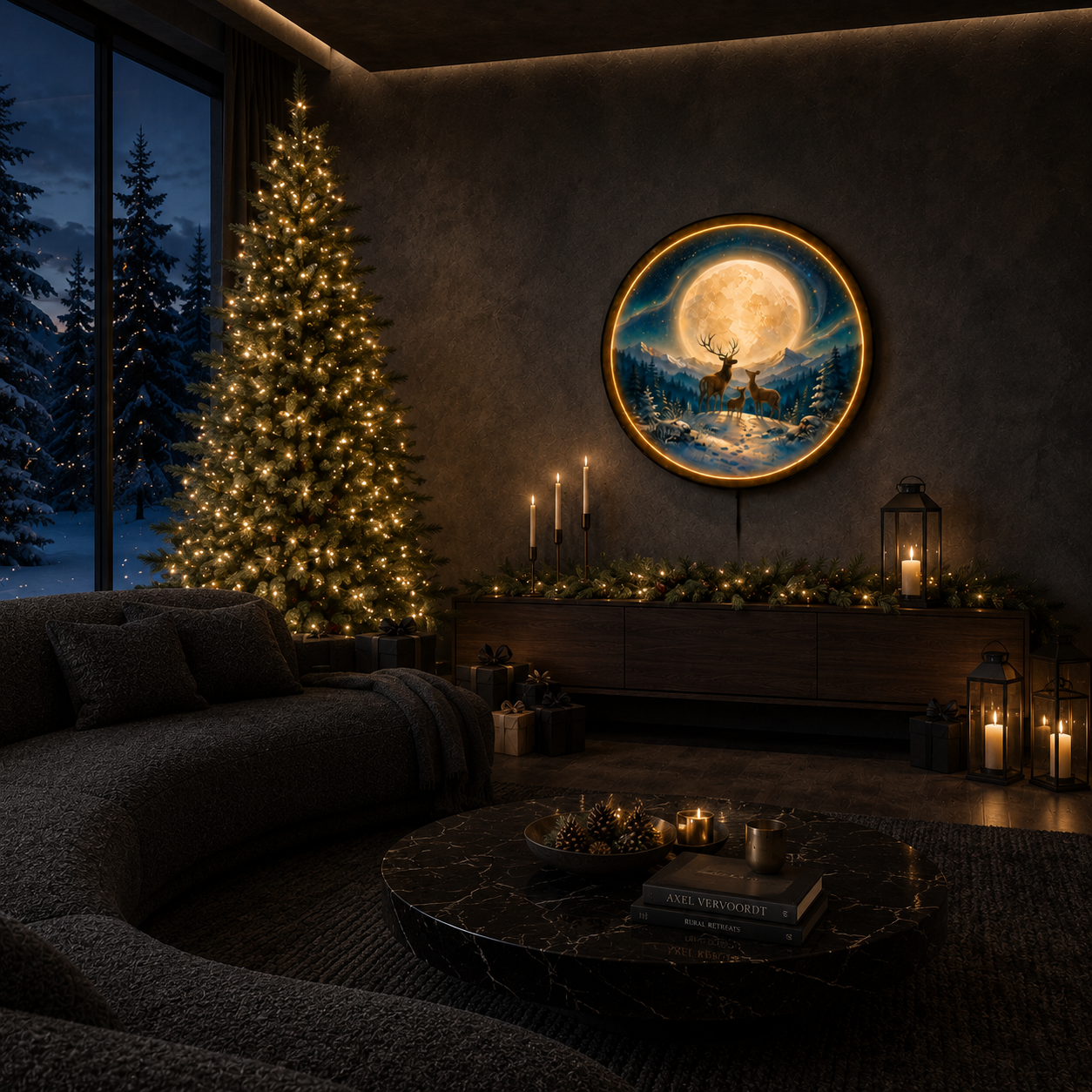Moonlit Deer Family LED Wall Art – Illuminated Forest Moon Decor