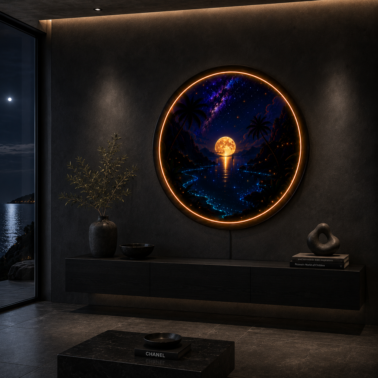 Moonlit Paradise Round LED Wall Art – Acrylic LED Wall Decor with Wooden Frame