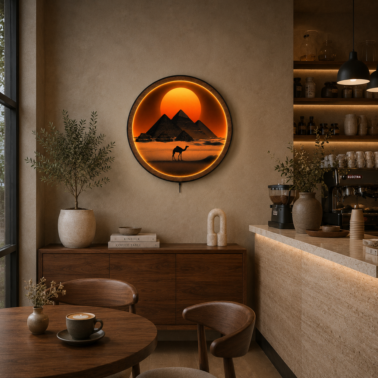 Desert Sunset Pyramid LED Wall Lamp – Wooden Frame Wall Art