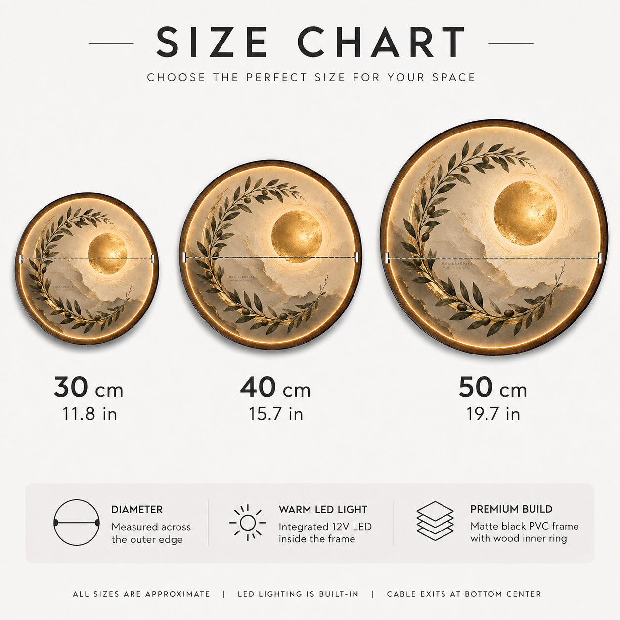 Golden Olive Moon LED Wall Art – Mediterranean Botanical Decor